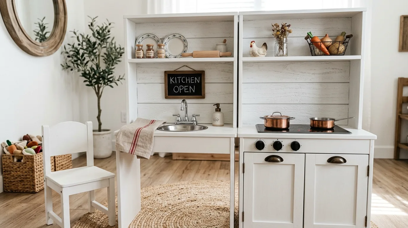 Create a cafe or bakery theme for extra charm inspiration for a kids play kitchen.